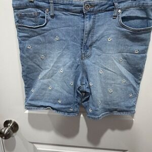 Code Bleu Women Denim Bermuda Shorts Floral Embroidered Blue Size 14